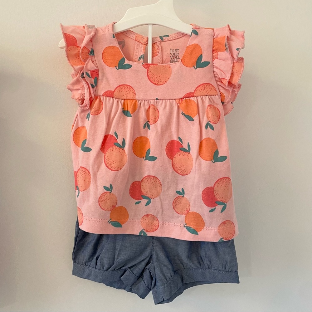 NWT Carters 6 mo baby girl 2-piece peach orange tank shirt with blue shorts